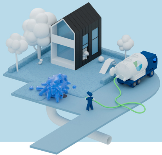 En professionell slamsugningsbil från Spolbil.se parkerad vid en fastighet där erfarna tekniker tömmer dagvattenbrunnar, fettavskiljare och pumpgropar med kraftfull sugkapacitet för att förebygga stopp, översvämningar och kostsamma driftstopp genom planerat underhåll.